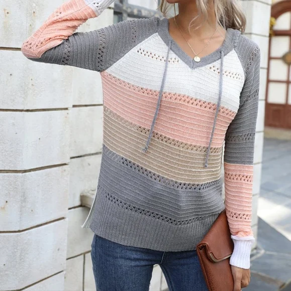 Pink, Tan & Gray Colorblock Longsleeve Sweater - Picture 3 of 5